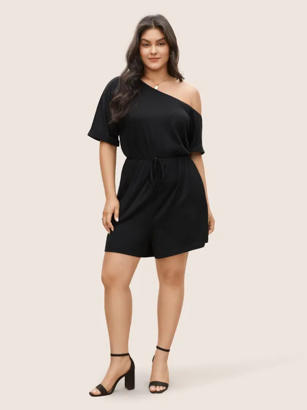 Plain One Shoulder Cuffed Sleeve Ties Romper sold by Bloomchic