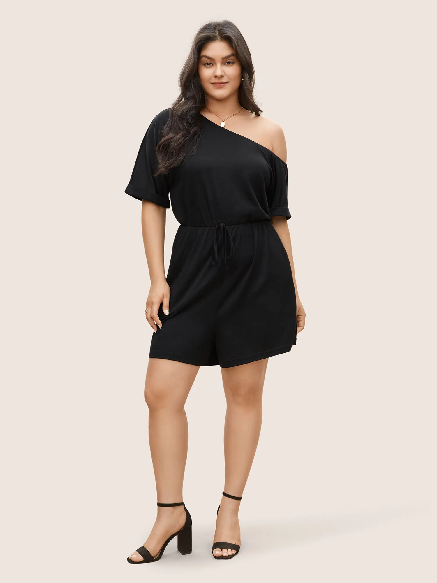 Plain One Shoulder Cuffed Sleeve Ties Romper sold by Bloomchic
