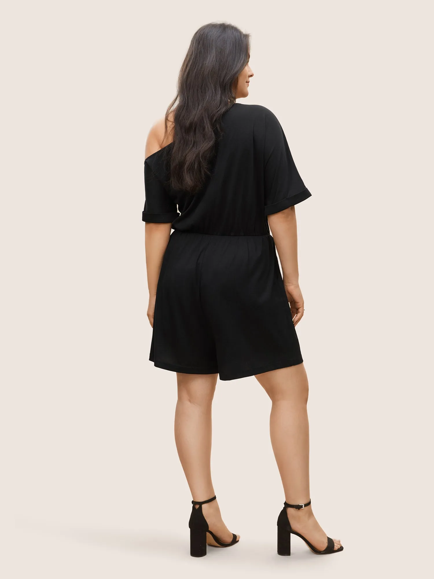 Plain One Shoulder Cuffed Sleeve Ties Romper sold by Bloomchic product image thumbnail 3