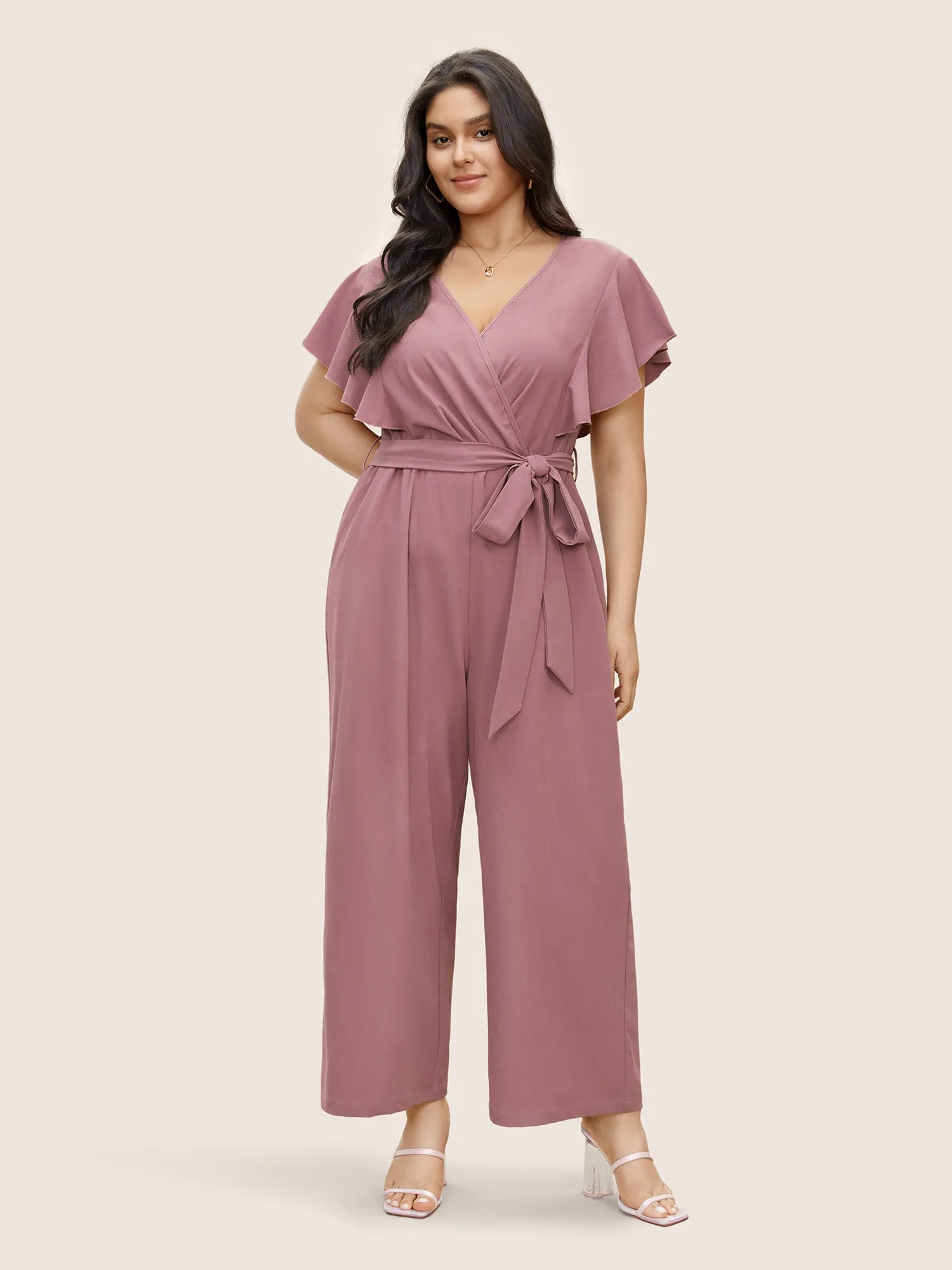 Plain Flutter Trim Cap Sleeve Belted Jumpsuit sold by Bloomchic product image thumbnail 2