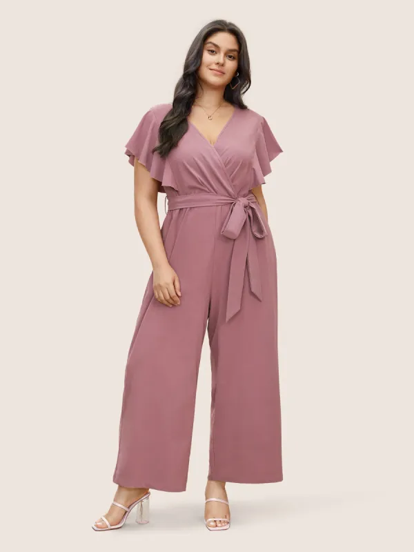 Plain Flutter Trim Cap Sleeve Belted Jumpsuit sold by Bloomchic