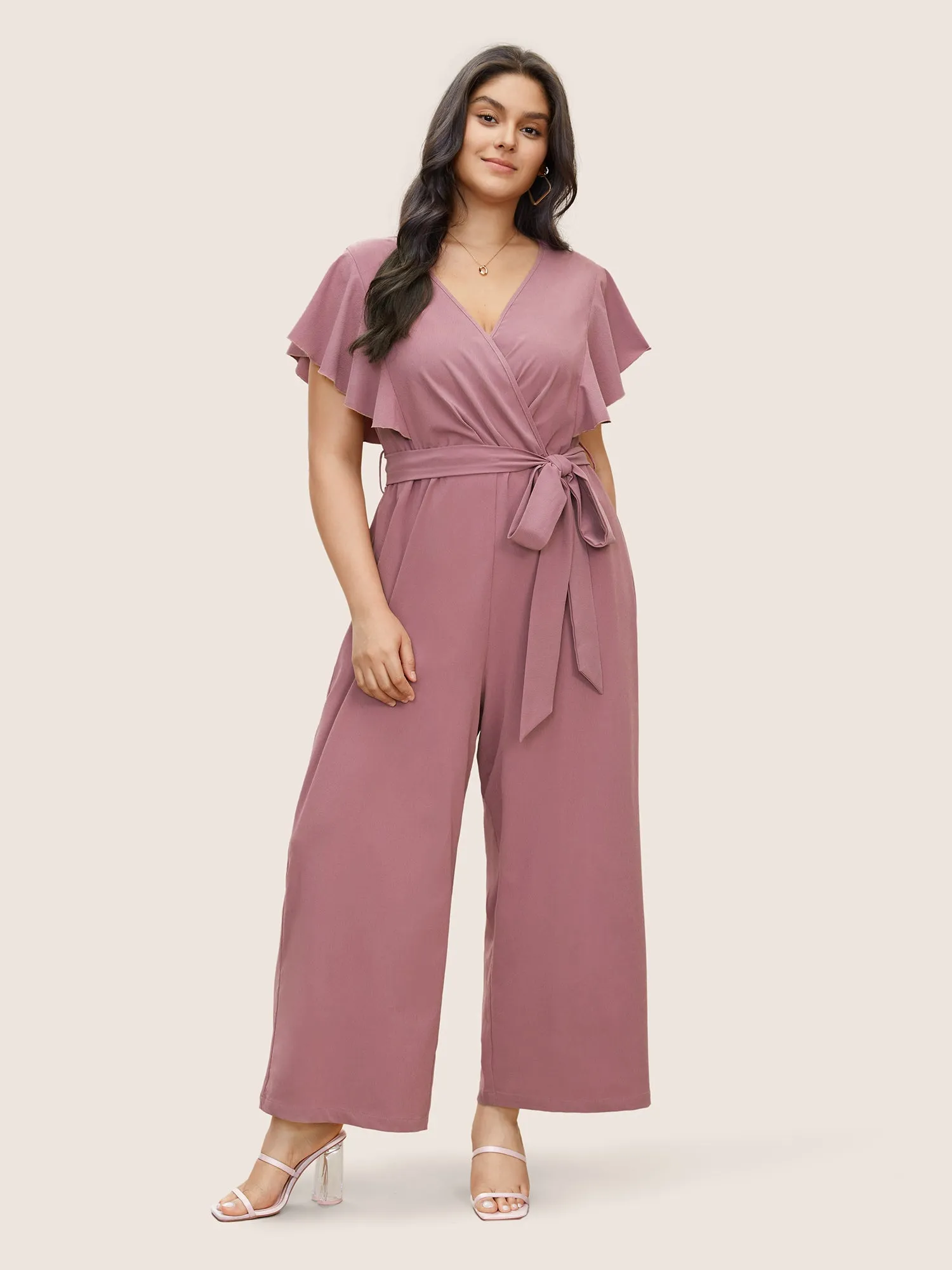 Plain Flutter Trim Cap Sleeve Belted Jumpsuit sold by Bloomchic