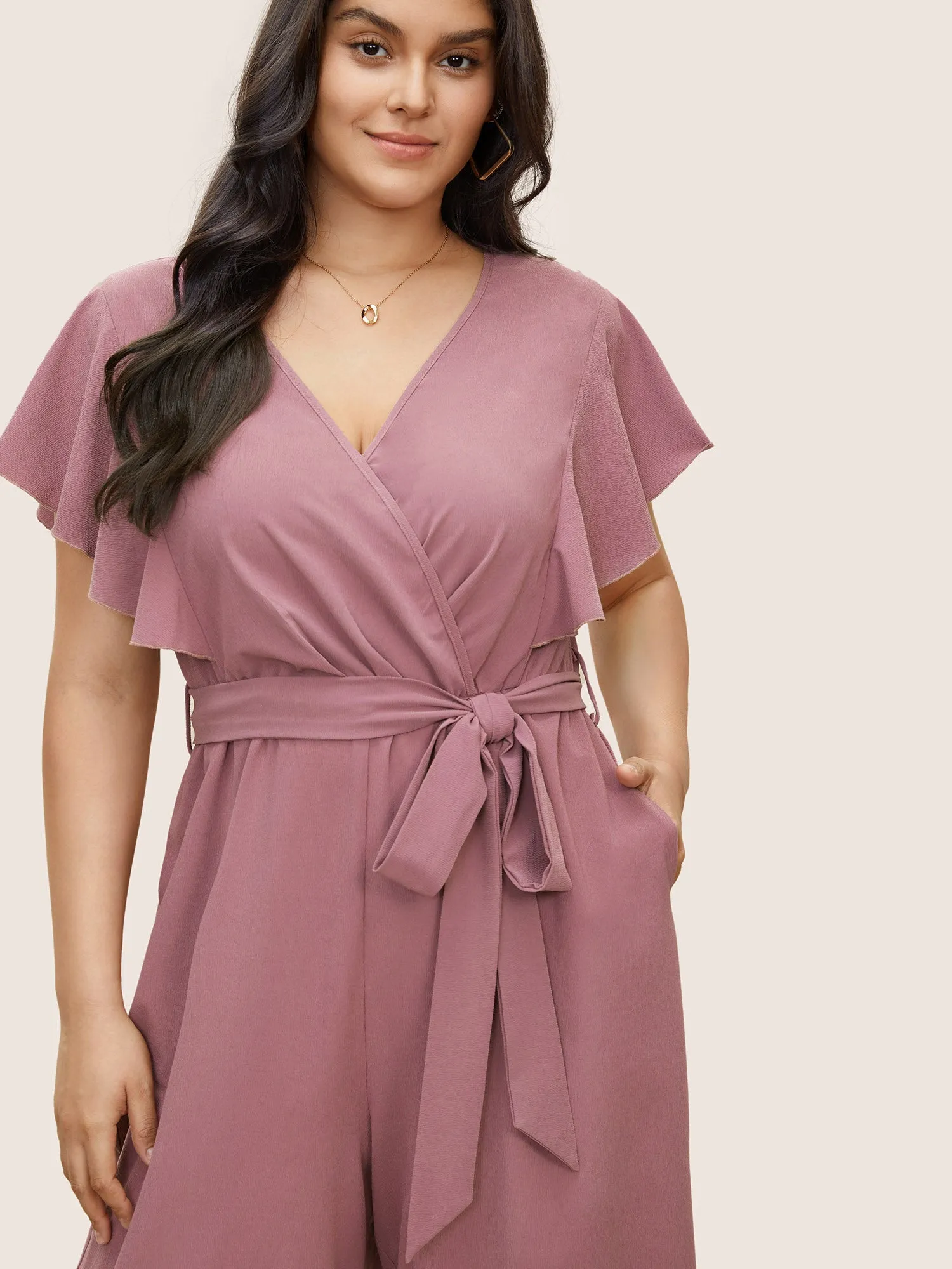 Plain Flutter Trim Cap Sleeve Belted Jumpsuit sold by Bloomchic product image thumbnail 4