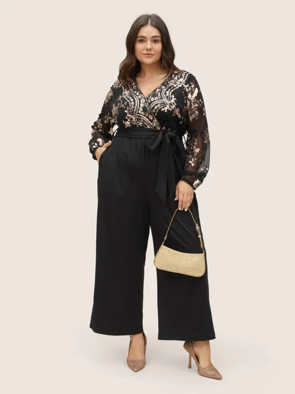 Sequin Mesh Patchwork Wrap Belted Jumpsuit sold by Bloomchic