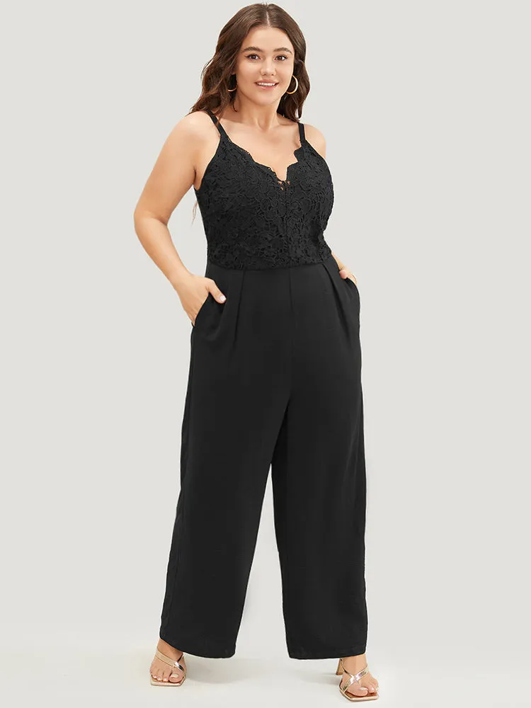Lace Patchwork Scalloped Trim Plicated Detail Pocket Cami Jumpsuit sold by Bloomchic product image thumbnail 2