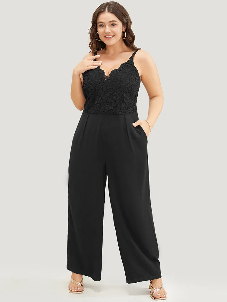 Lace Patchwork Scalloped Trim Plicated Detail Pocket Cami Jumpsuit sold by Bloomchic