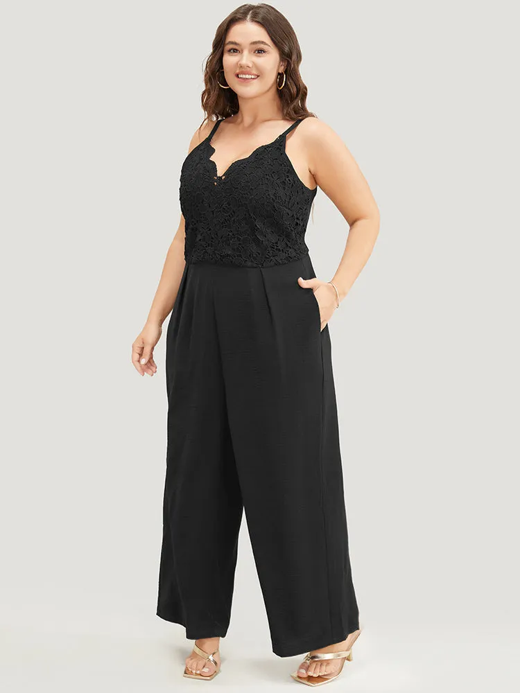 Lace Patchwork Scalloped Trim Plicated Detail Pocket Cami Jumpsuit sold by Bloomchic product image thumbnail 3