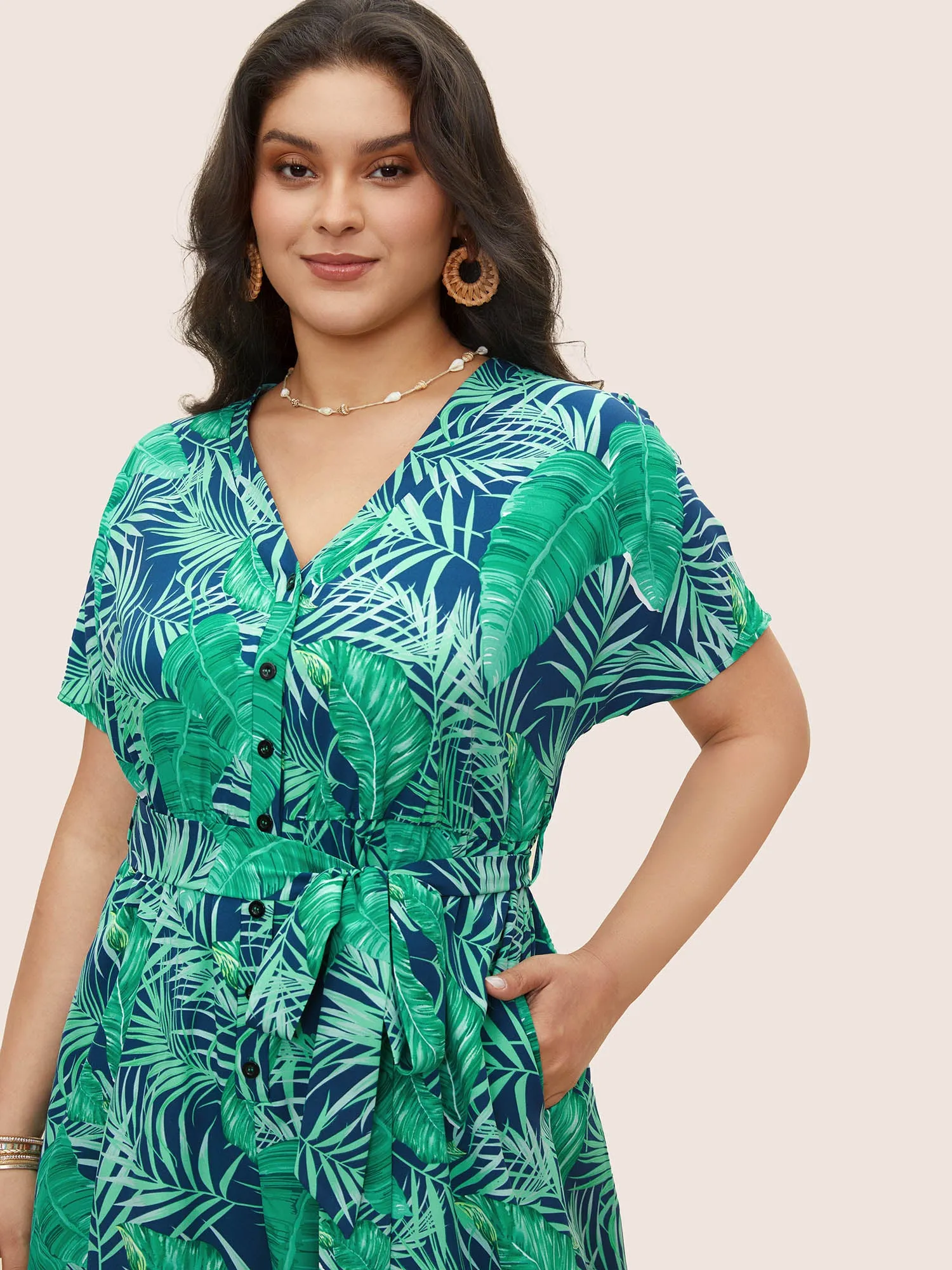 Tropical Print Button Up Belted Jumpsuit sold by Bloomchic product image thumbnail 4