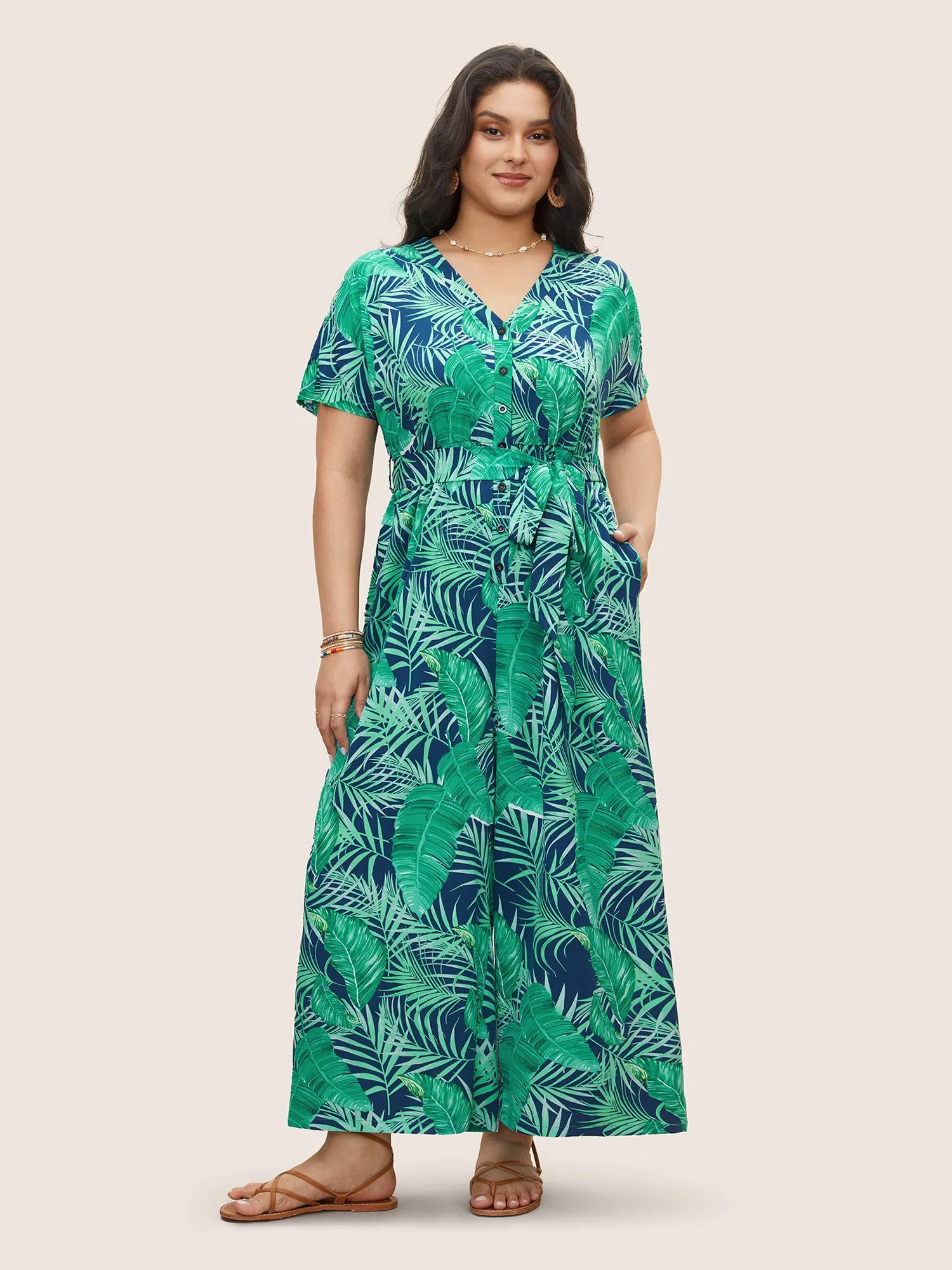 Tropical Print Button Up Belted Jumpsuit sold by Bloomchic product image thumbnail 2