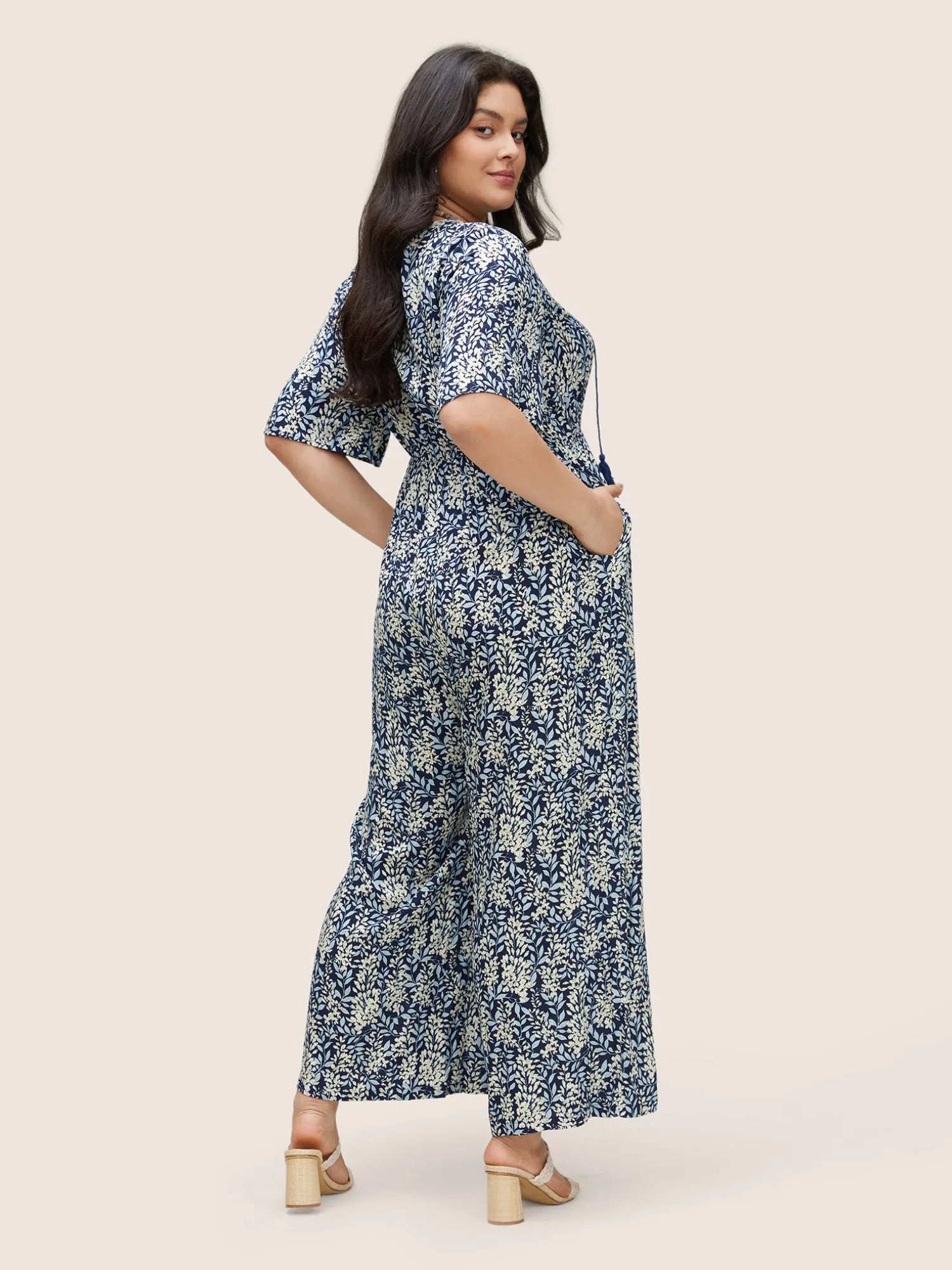 Plants Print Elastic Waist Ties Tassel Trim Jumpsuit sold by Bloomchic product image thumbnail 4