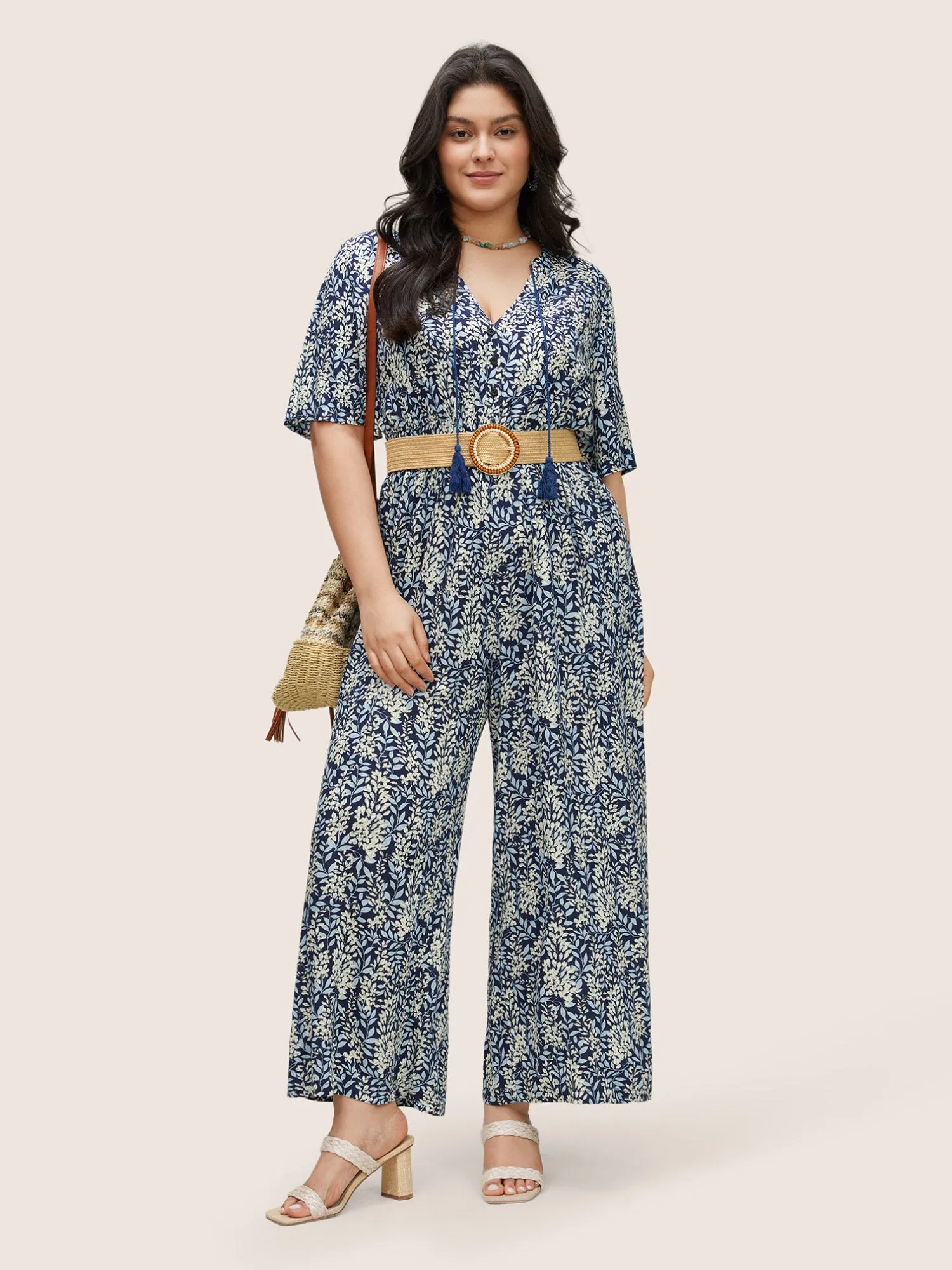 Plants Print Elastic Waist Ties Tassel Trim Jumpsuit sold by Bloomchic product image thumbnail 3