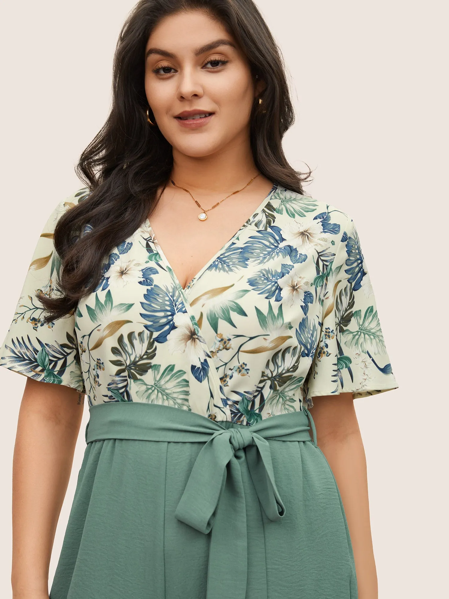 Plants Print Patchwork Belted Wrap Jumpsuit sold by Bloomchic product image thumbnail 4