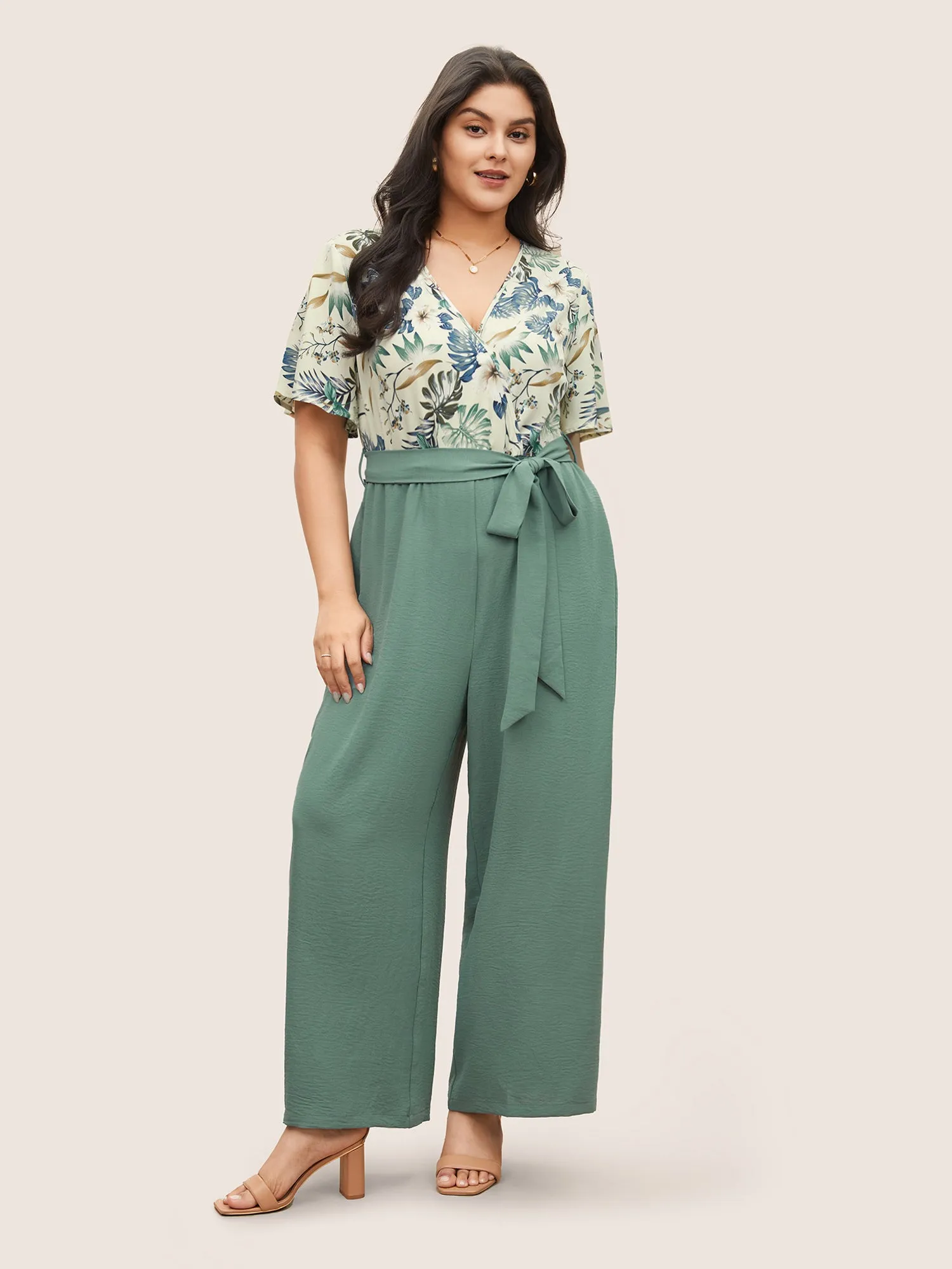 Plants Print Patchwork Belted Wrap Jumpsuit sold by Bloomchic