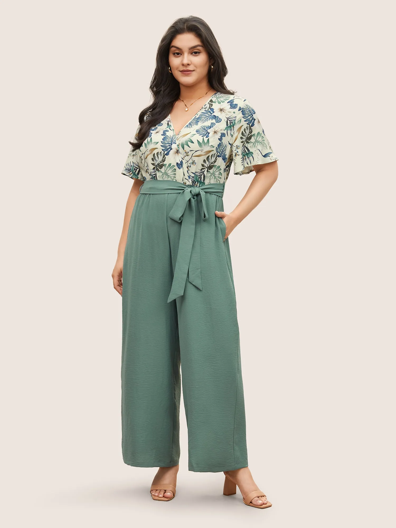 Plants Print Patchwork Belted Wrap Jumpsuit sold by Bloomchic product image thumbnail 2