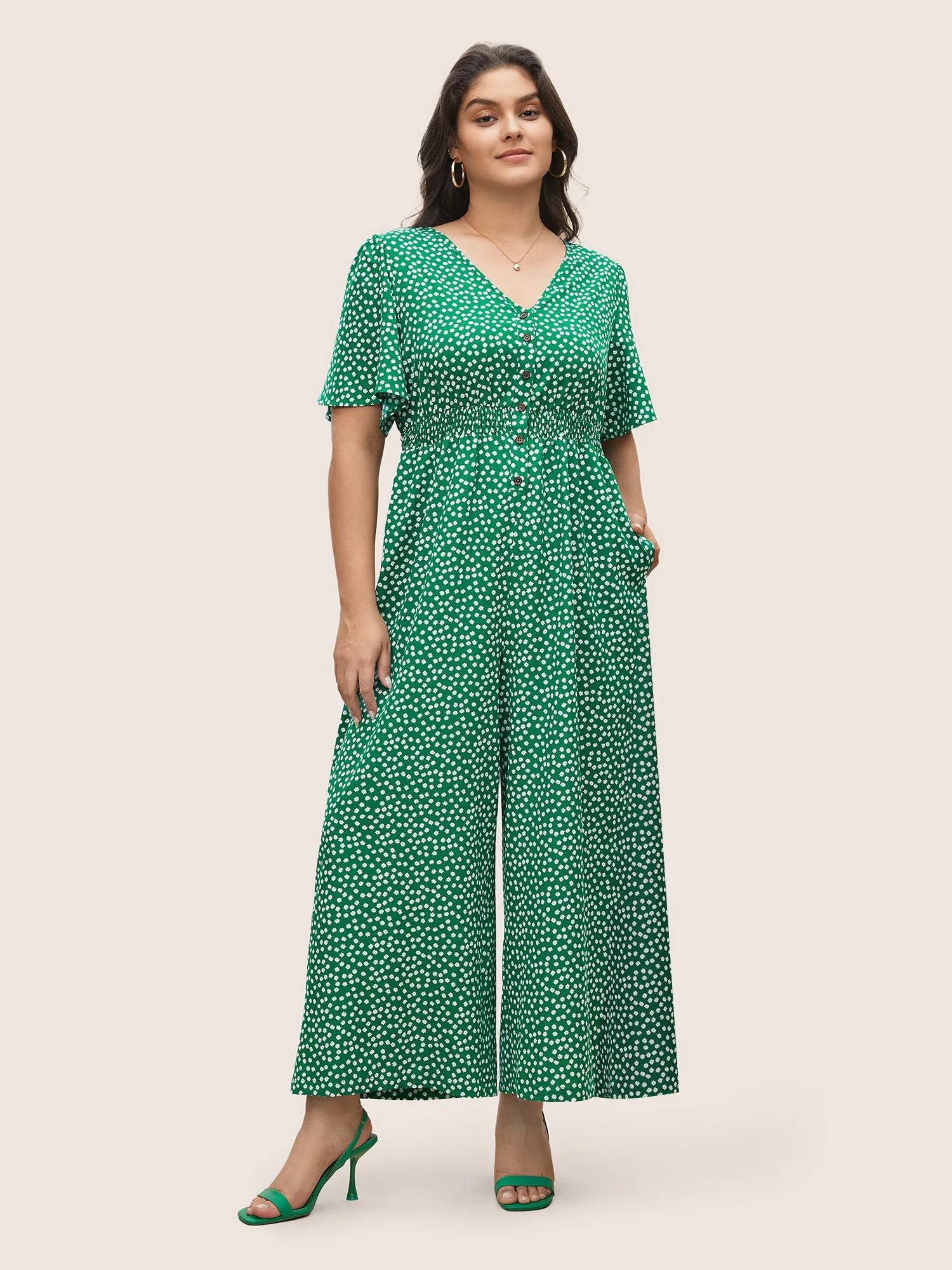 Ditsy Floral Elastic Waist Shirred Pocket Jumpsuit sold by Bloomchic