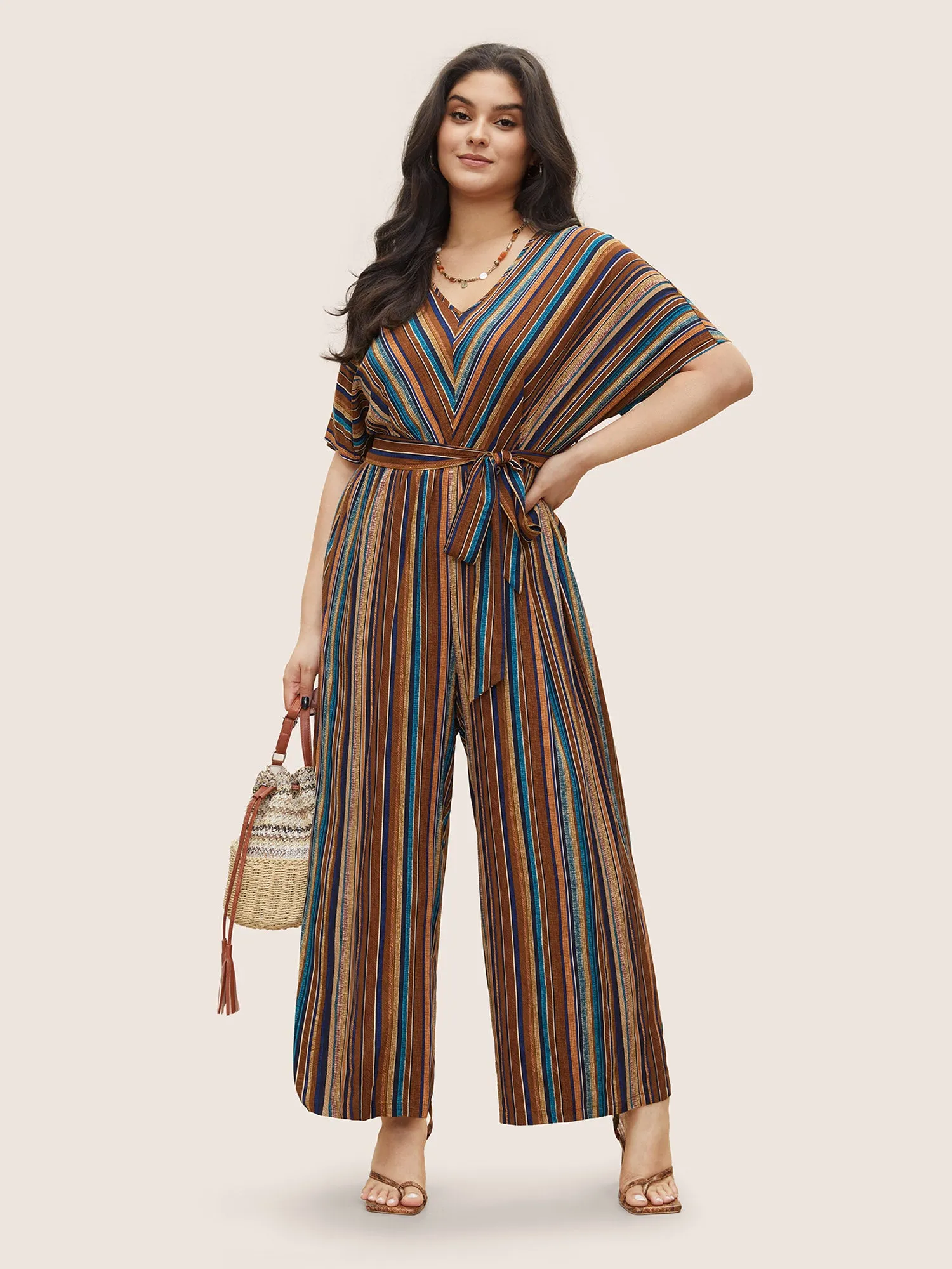 Rayon Contrast Striped Belted Jumpsuit sold by Bloomchic product image thumbnail 2