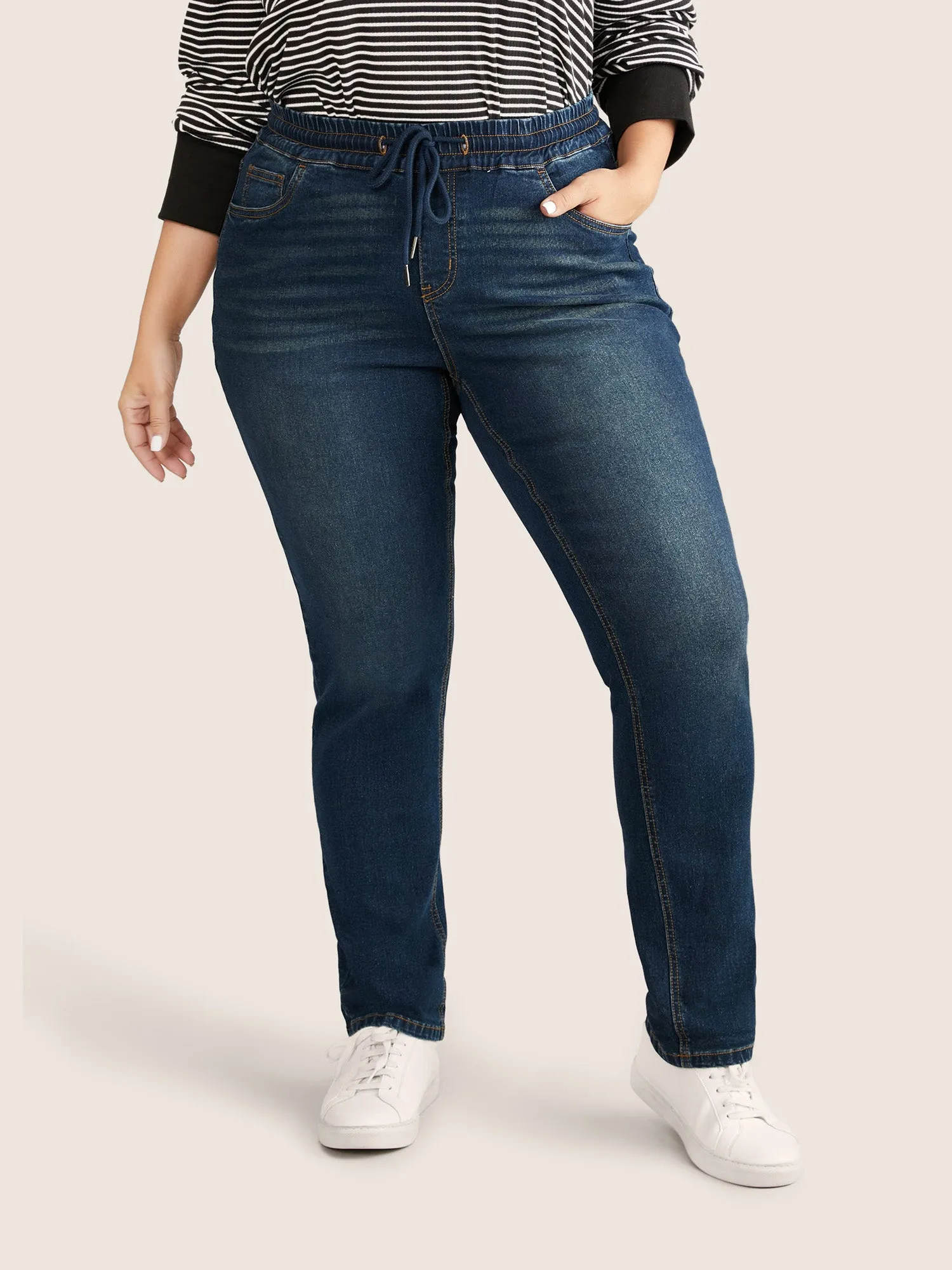 Drawstring Elastic Waist Straight Leg Jeans sold by Bloomchic product image thumbnail 2