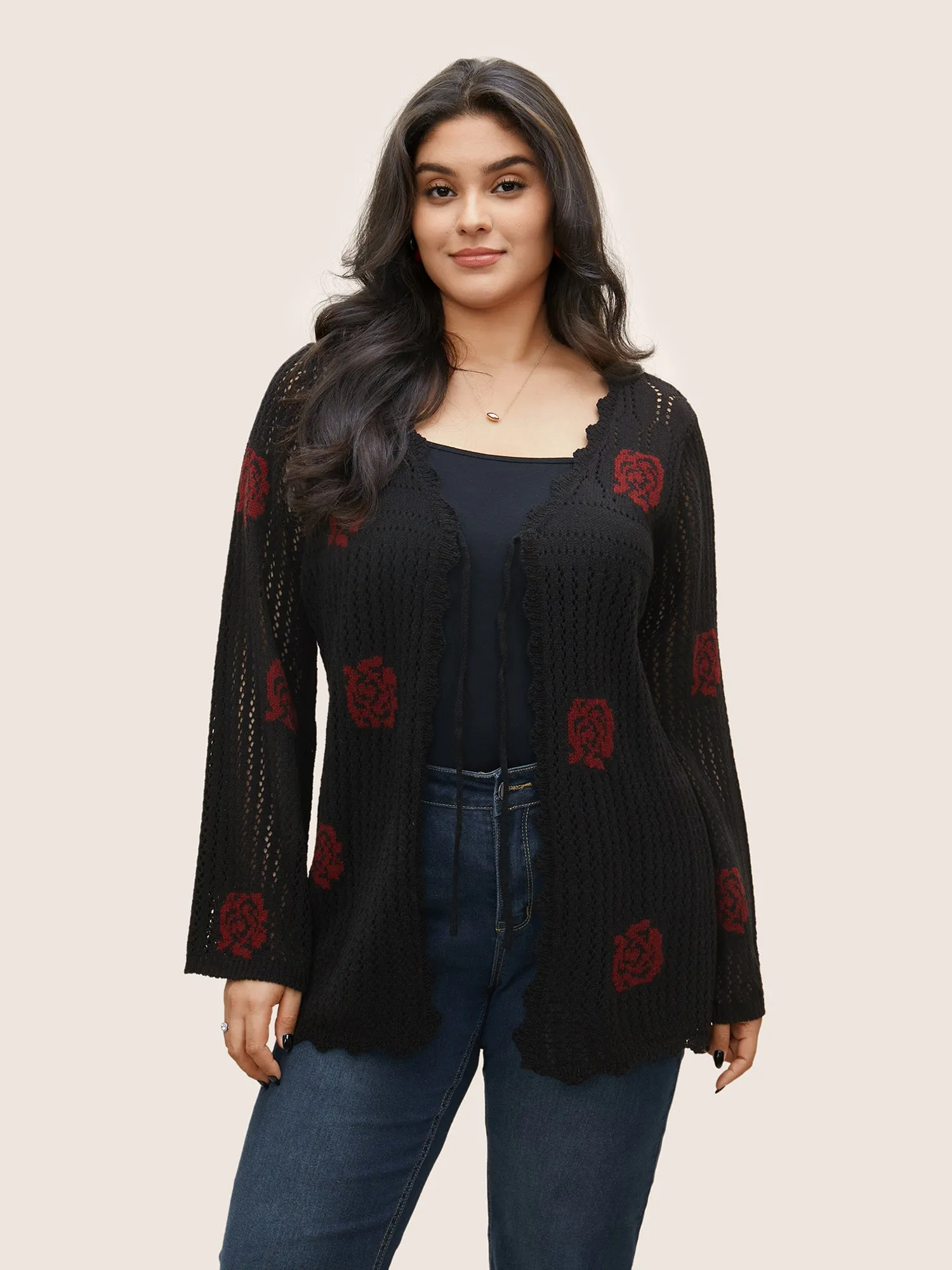 Rose Pointelle Knit Ties Scalloped Trim Cardigan sold by Bloomchic product image thumbnail 3