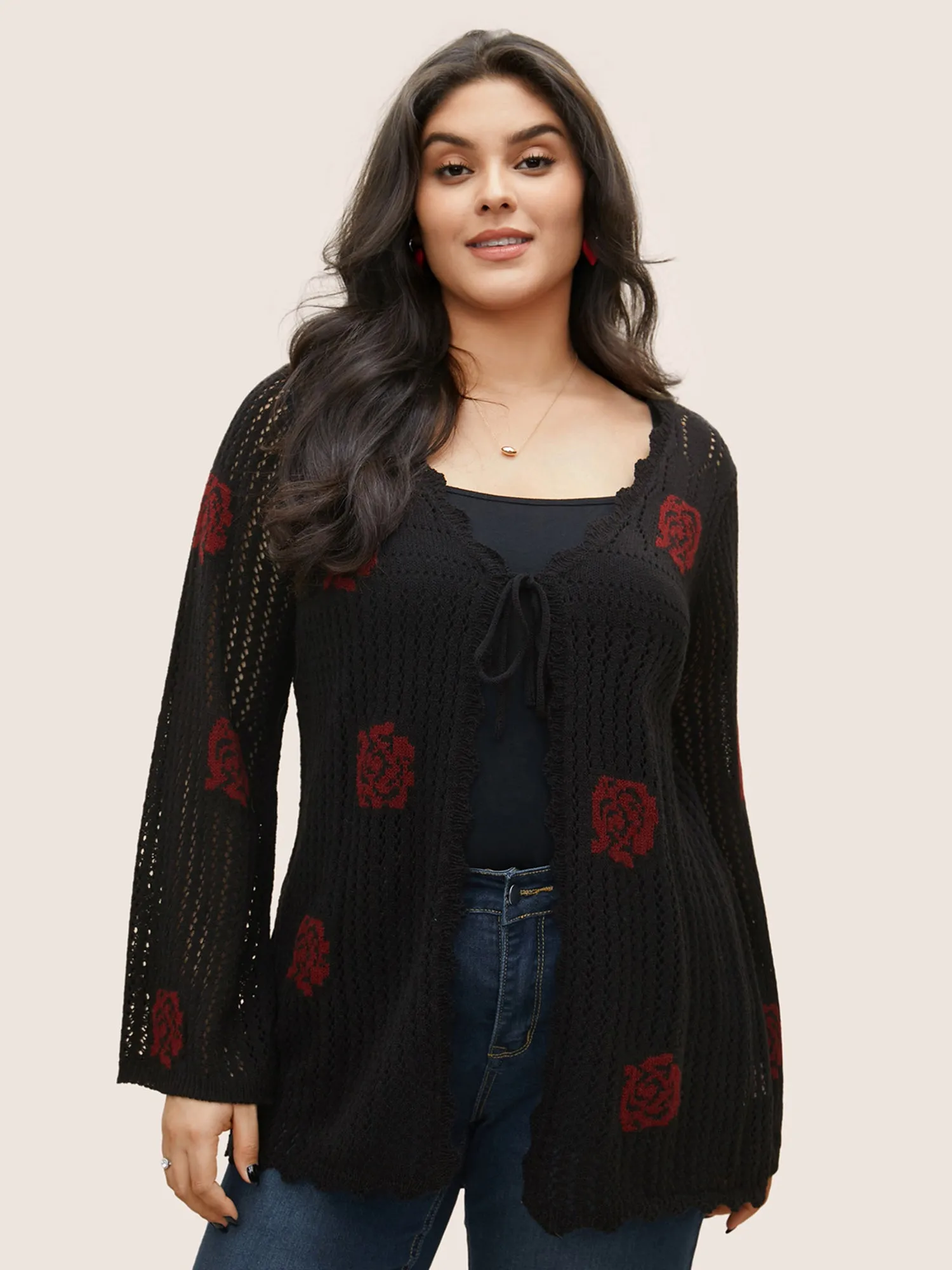 Rose Pointelle Knit Ties Scalloped Trim Cardigan sold by Bloomchic