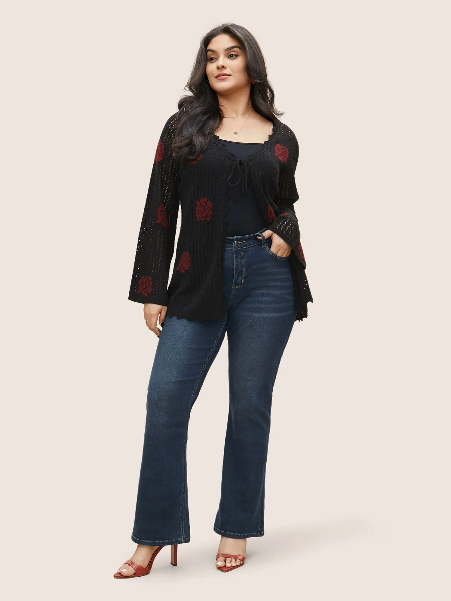 Rose Pointelle Knit Ties Scalloped Trim Cardigan sold by Bloomchic product image thumbnail 4