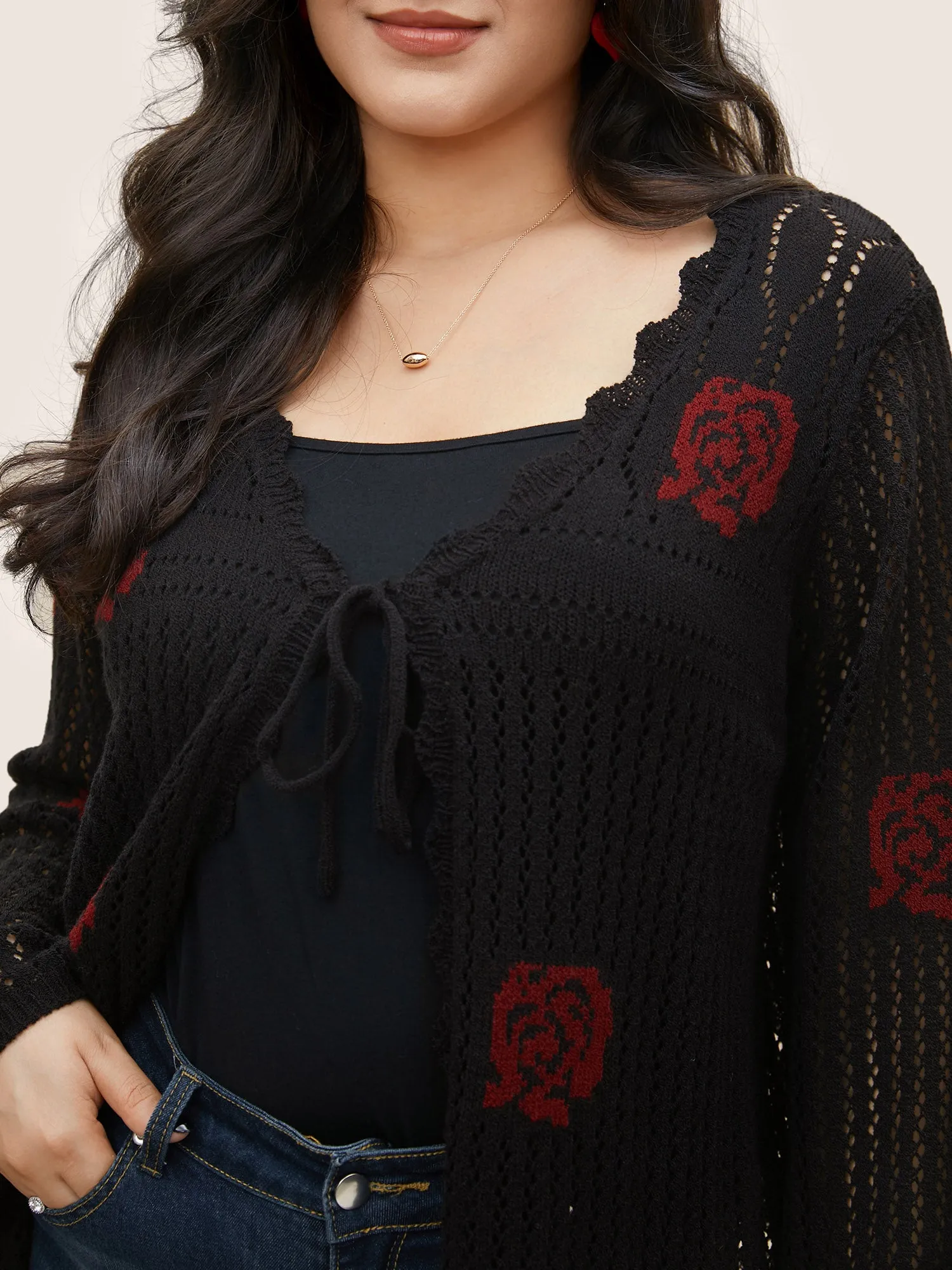 Rose Pointelle Knit Ties Scalloped Trim Cardigan sold by Bloomchic product image thumbnail 5