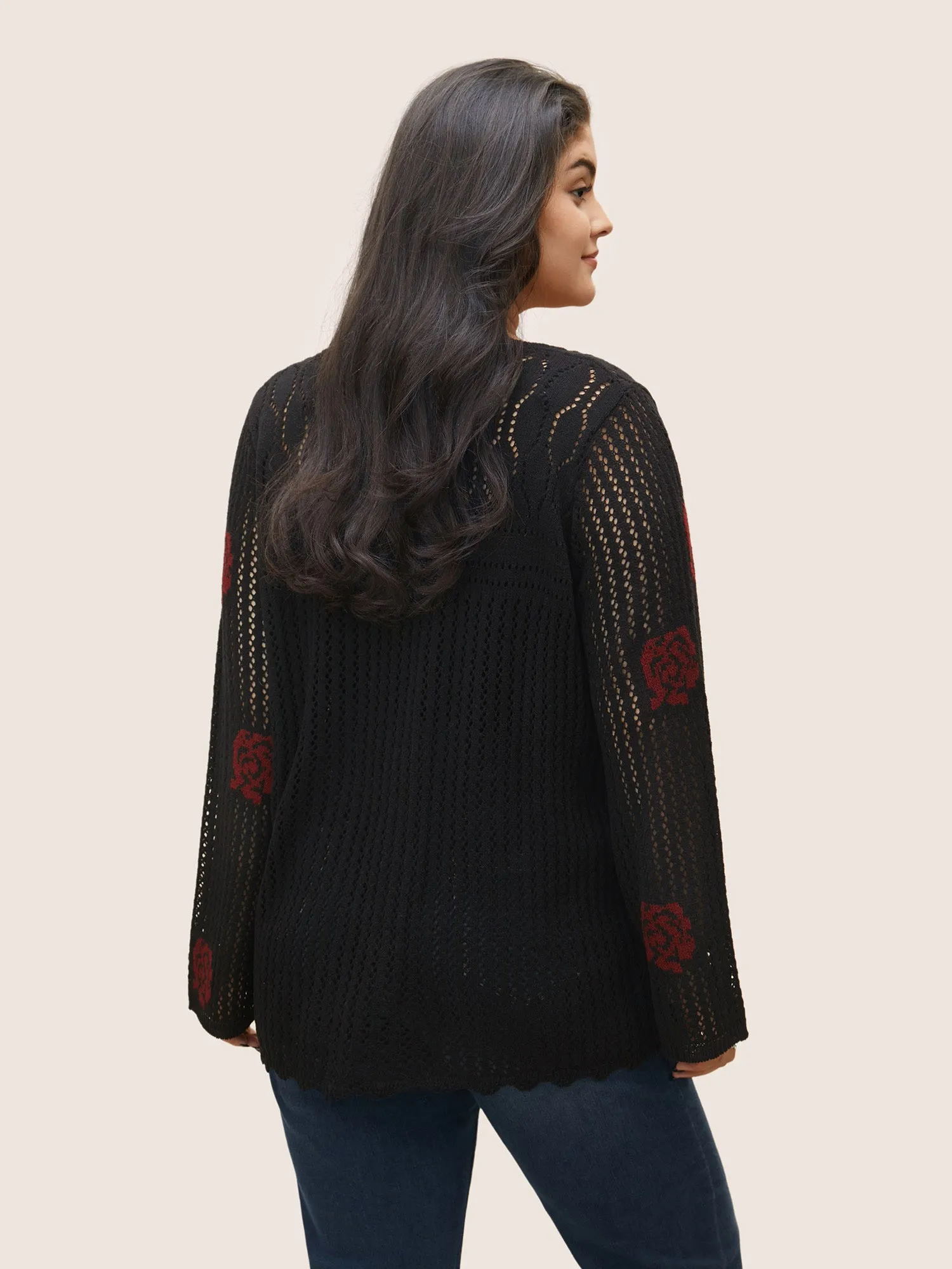 Rose Pointelle Knit Ties Scalloped Trim Cardigan sold by Bloomchic product image thumbnail 2