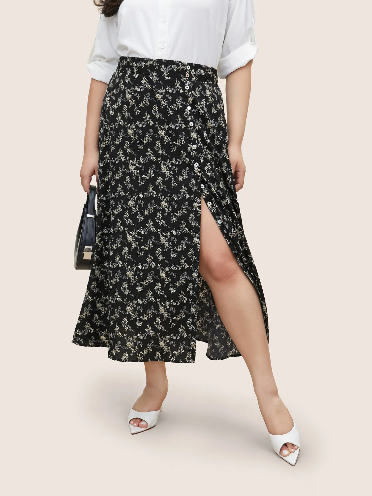Ditsy Floral Split Side Pocket Button Detail Skirt sold by Bloomchic