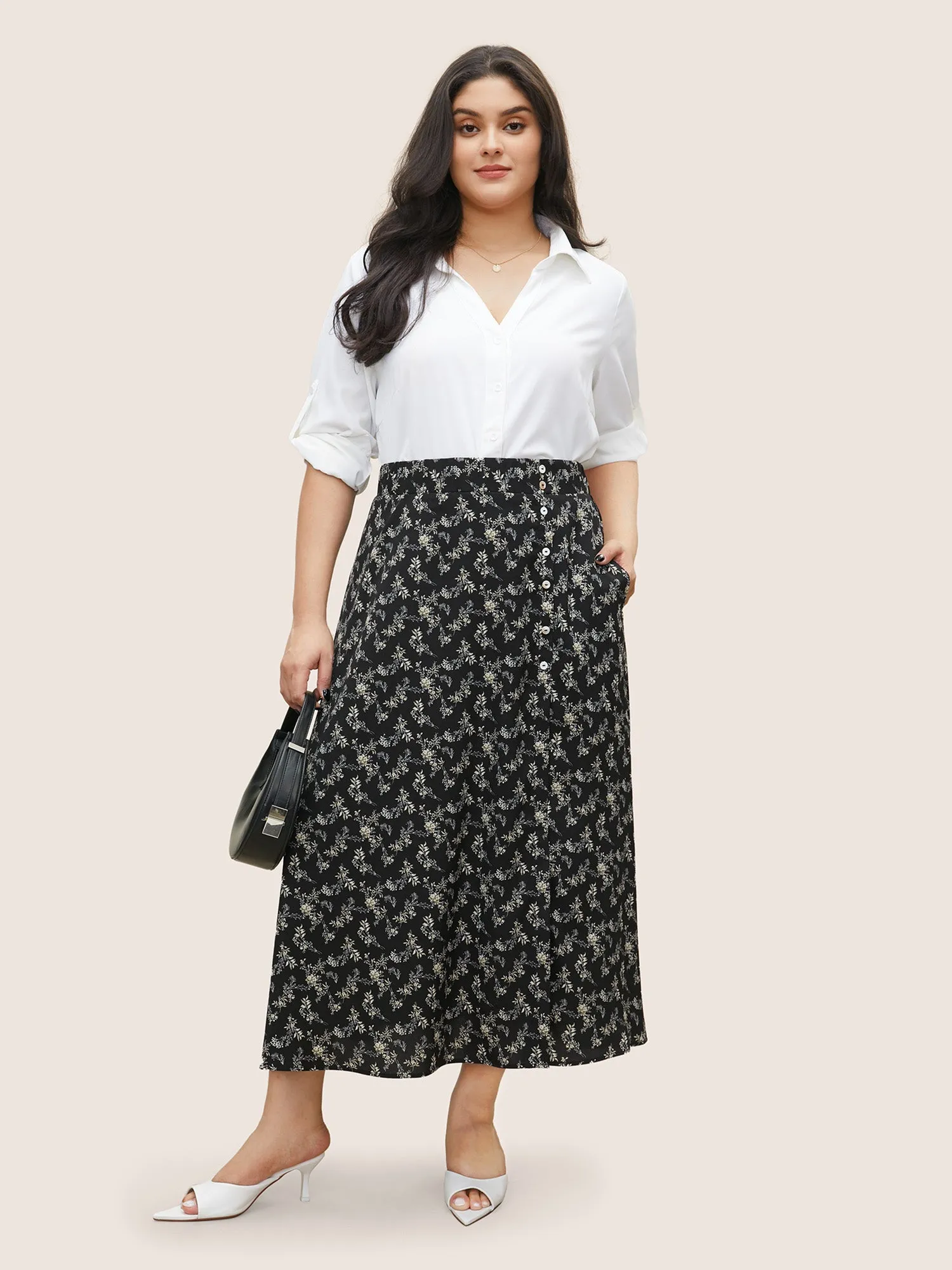 Ditsy Floral Split Side Pocket Button Detail Skirt sold by Bloomchic product image thumbnail 3