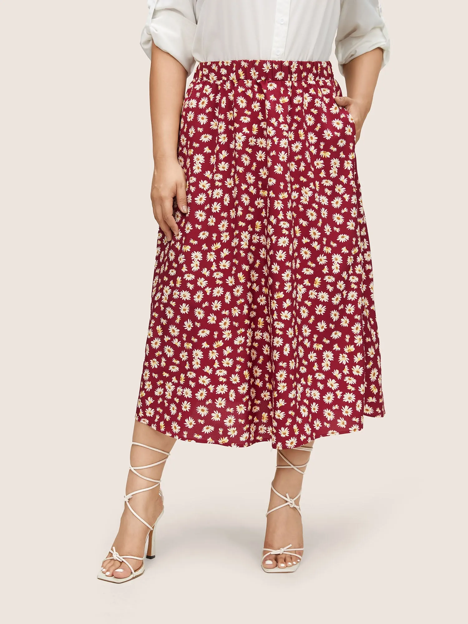 Ditsy Floral Elastic Waist Pocket Midi Skirt sold by Bloomchic