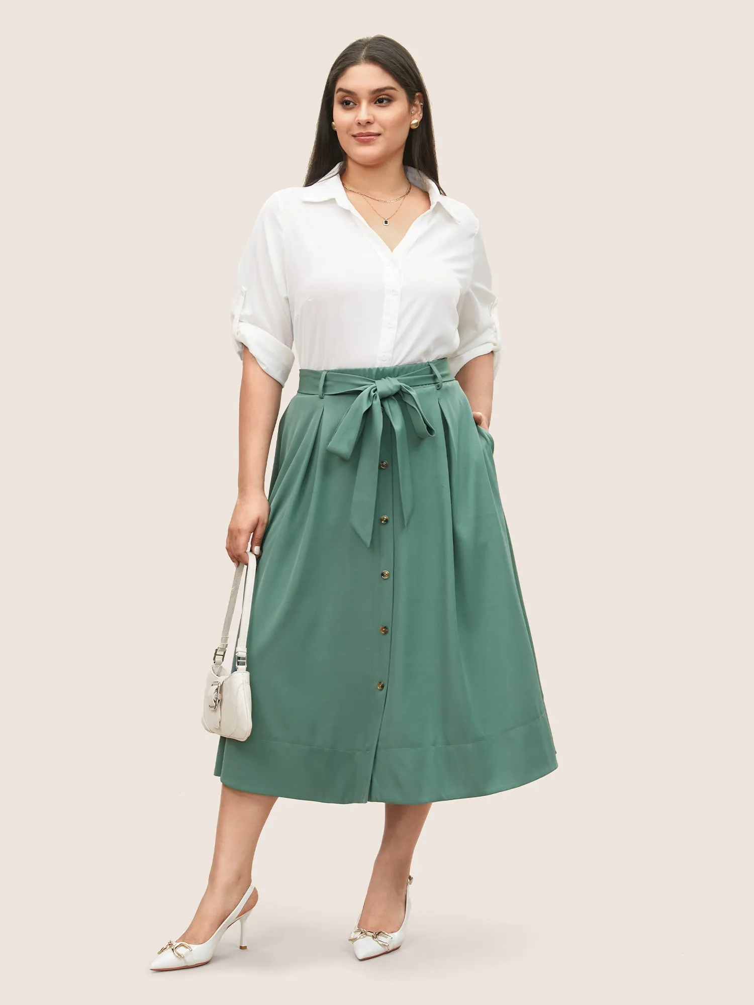 Plain Elastic Waist Pleated Belted Skirt sold by Bloomchic product image thumbnail 2