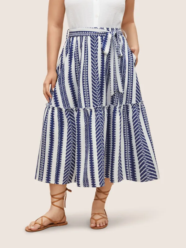 Bandana Geometric Belted Patchwork Ruffle Hem Skirt sold by Bloomchic