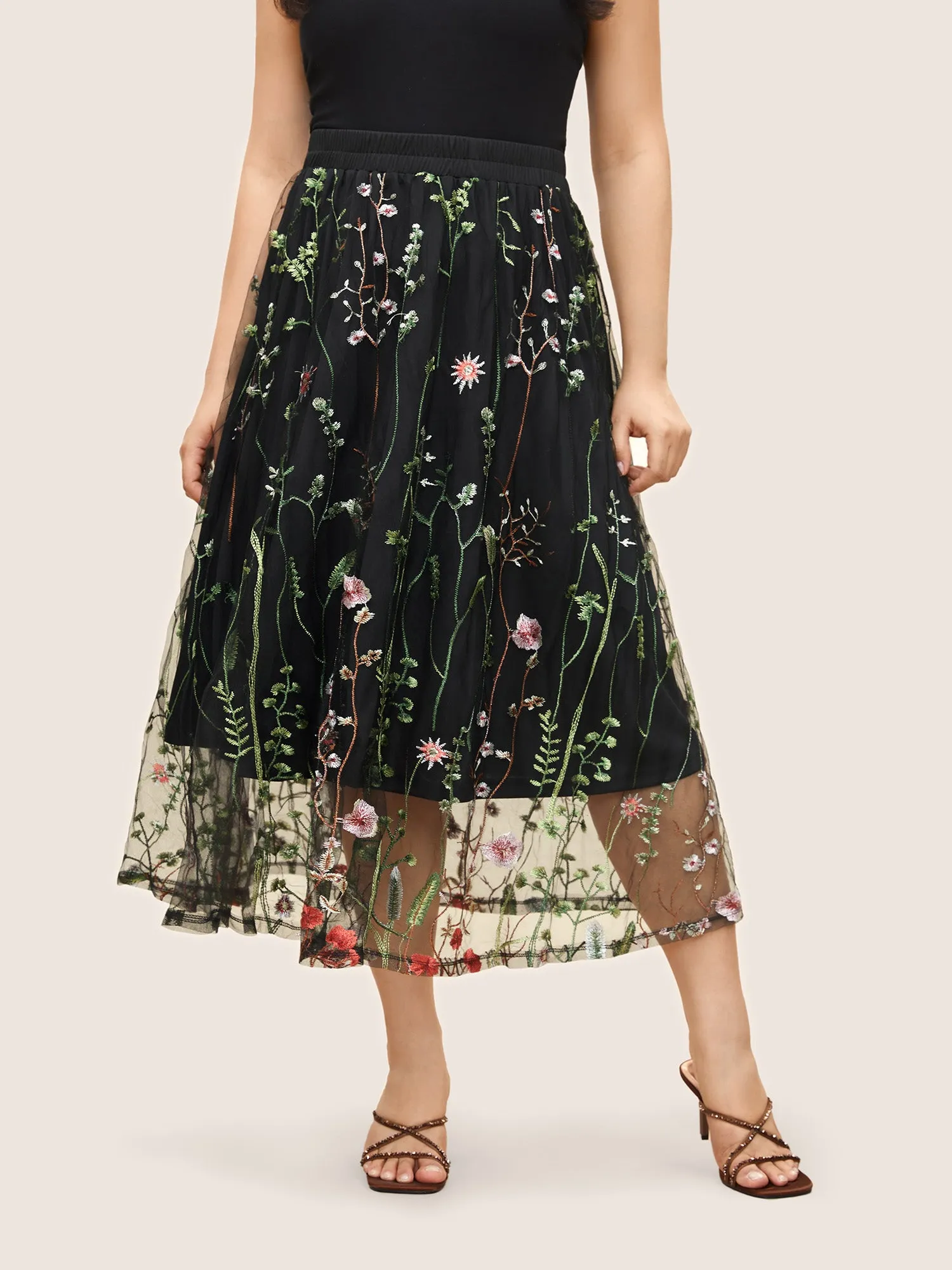 Plants Embroidered Mesh Elastic Waist Skirt sold by Bloomchic