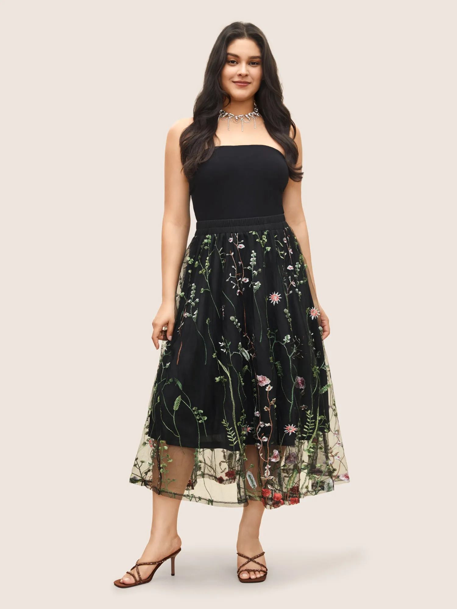 Plants Embroidered Mesh Elastic Waist Skirt sold by Bloomchic product image thumbnail 2