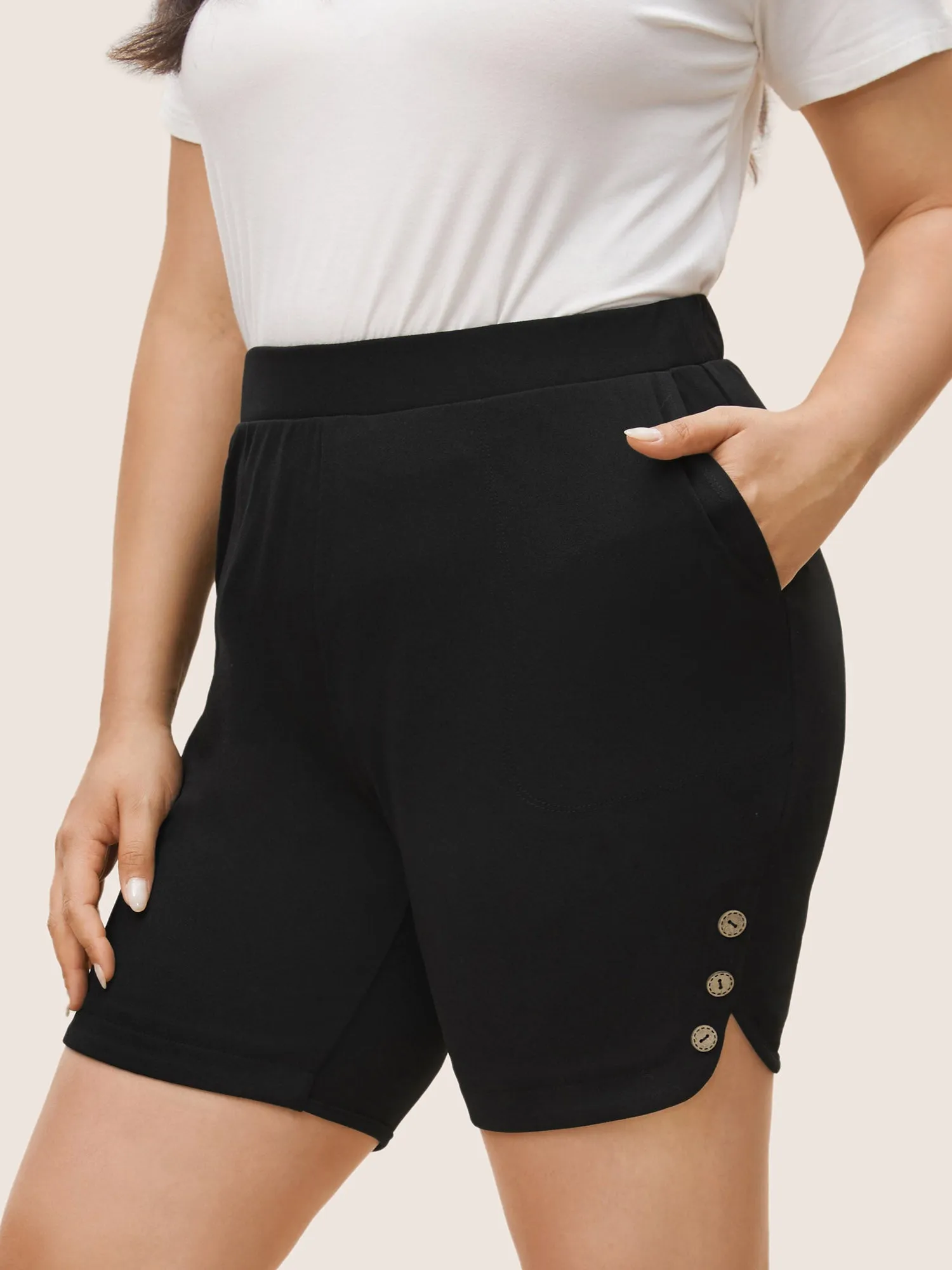 Mid Rise Button Detail Skinny Shorts sold by Bloomchic