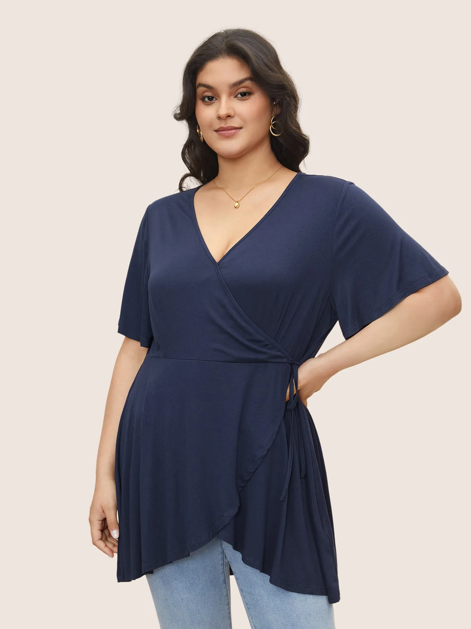 Supersoft Essentials Solid Surplice Neck Ties Knit Top sold by Bloomchic