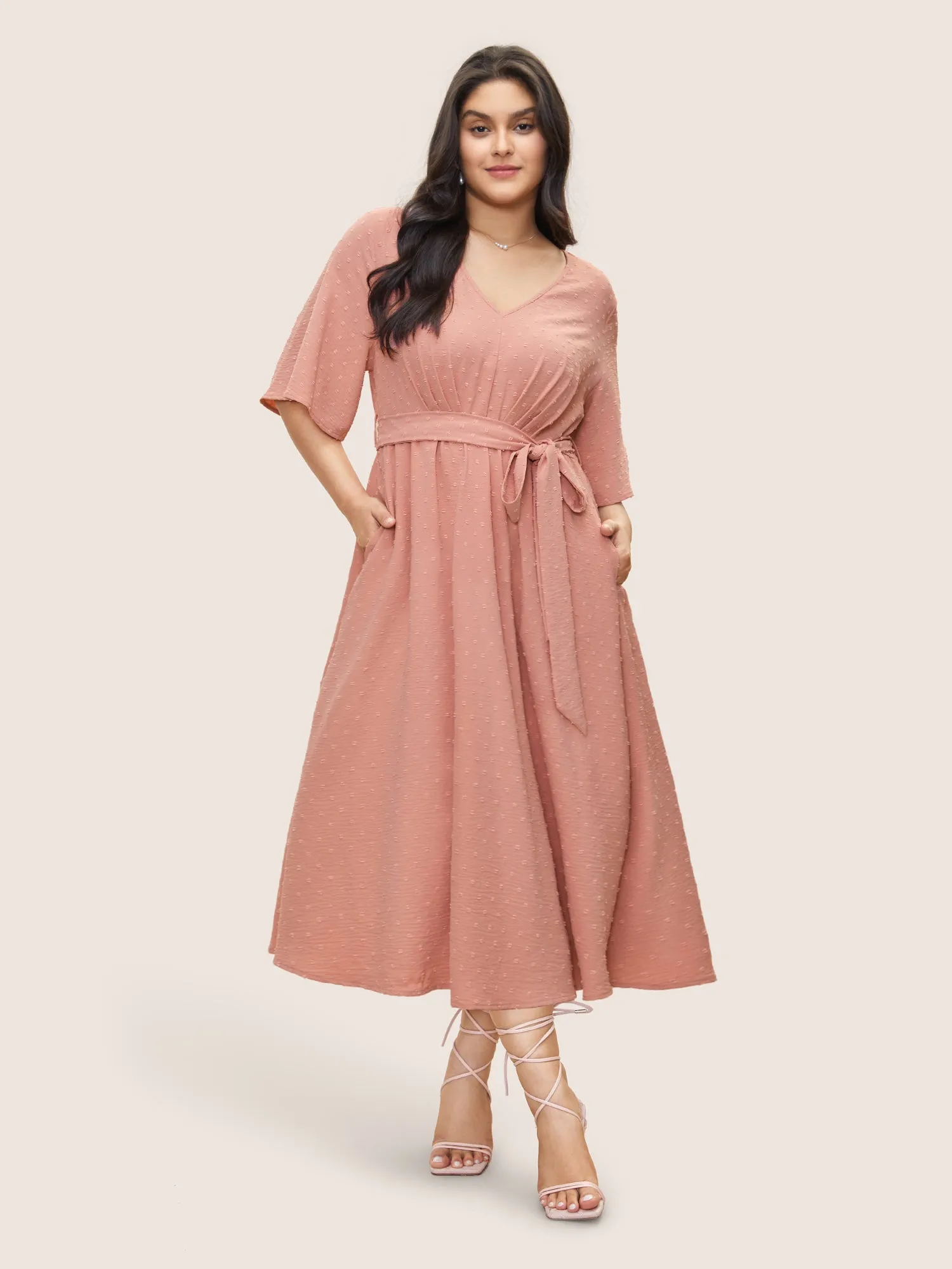 Solid Texture Belted Ruffle Sleeve Dress sold by Bloomchic