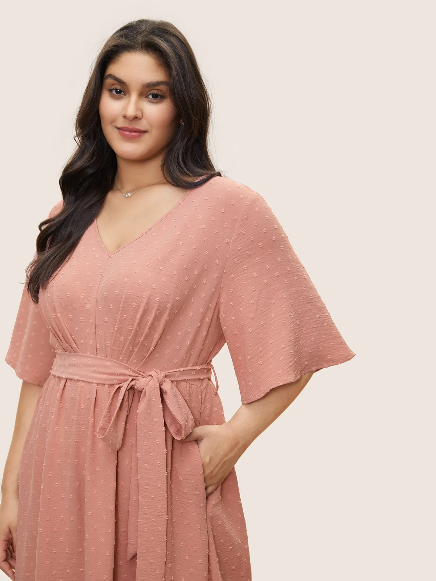 Solid Texture Belted Ruffle Sleeve Dress sold by Bloomchic product image thumbnail 4