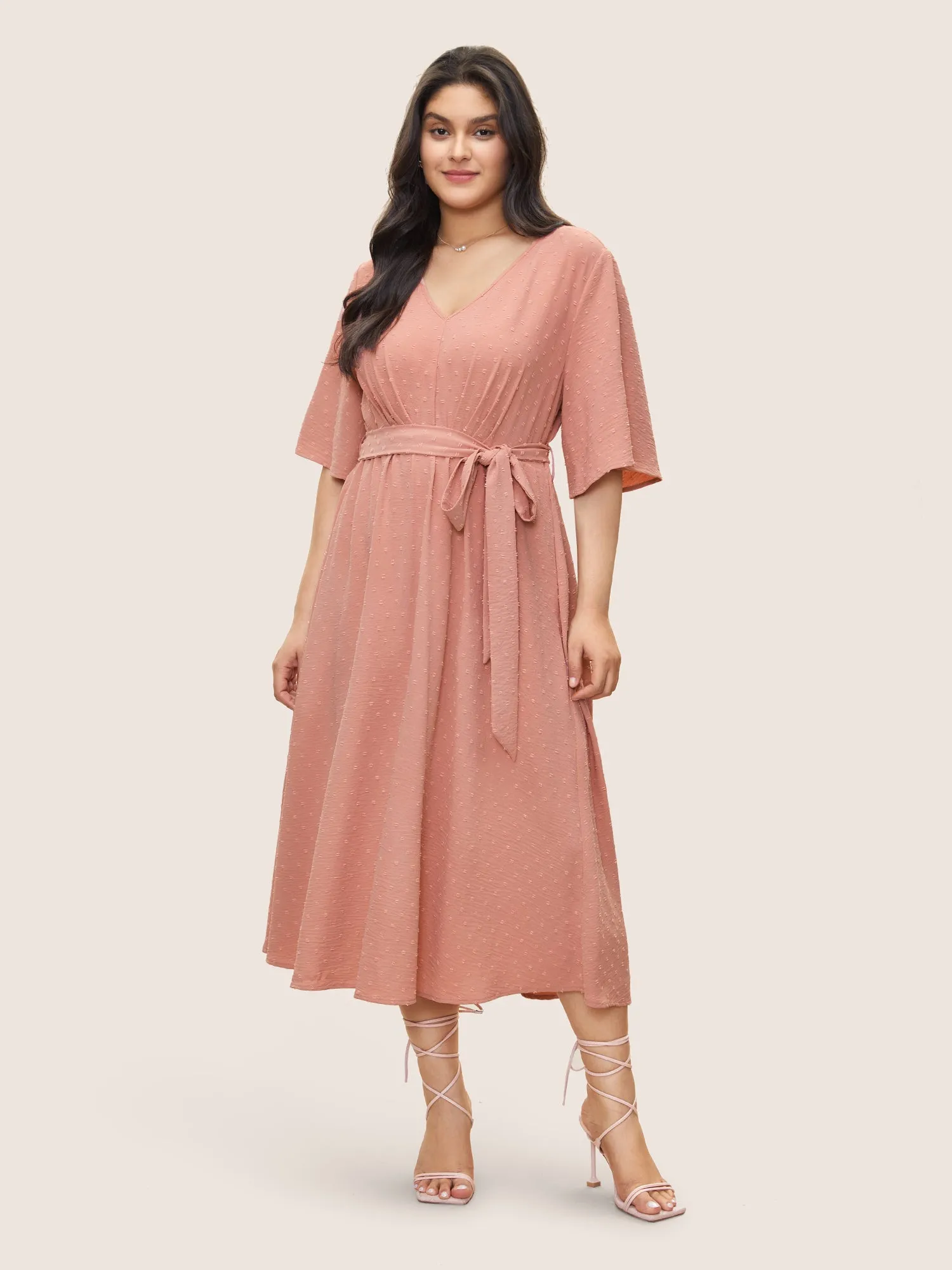 Solid Texture Belted Ruffle Sleeve Dress sold by Bloomchic product image thumbnail 2