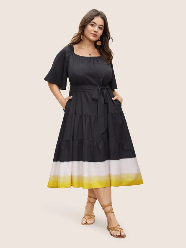 Square Neck Ombre Belted Ruffle Layered Hem Dress sold by Bloomchic