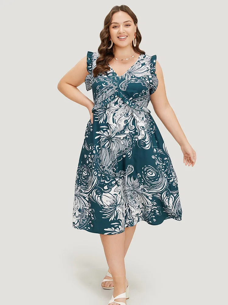 Floral Print Sleeveless Pocket V Neck Frill Trim Dress sold by Bloomchic