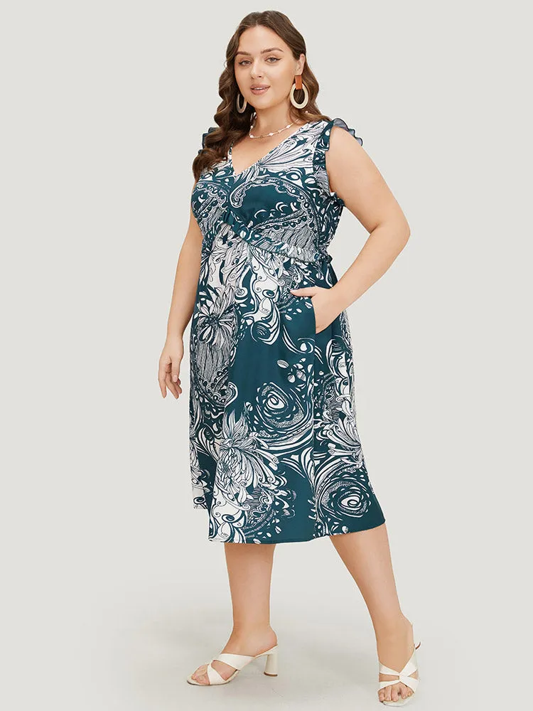 Floral Print Sleeveless Pocket V Neck Frill Trim Dress sold by Bloomchic product image thumbnail 5