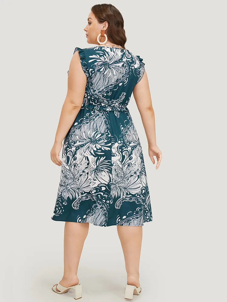 Floral Print Sleeveless Pocket V Neck Frill Trim Dress sold by Bloomchic product image thumbnail 4