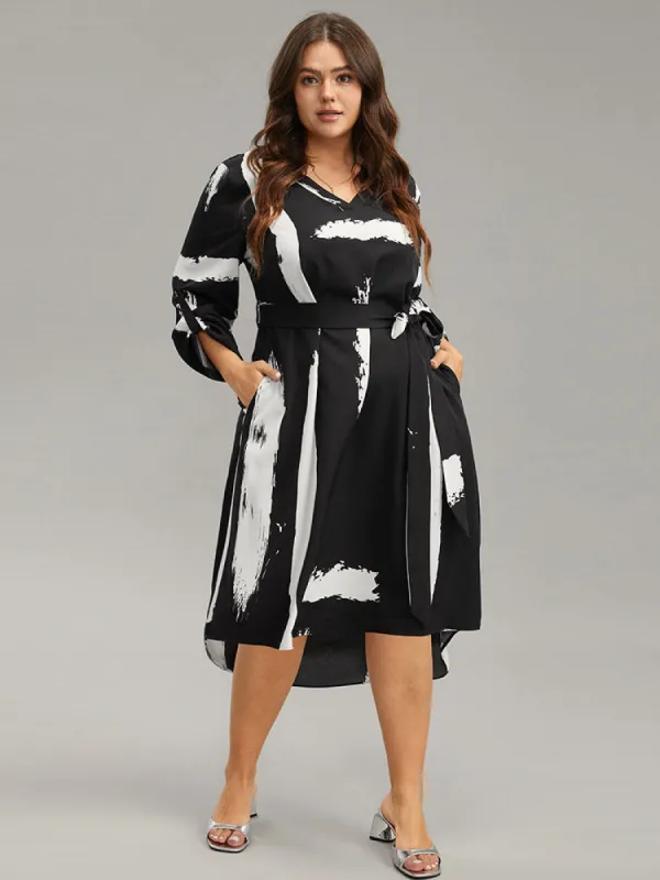 Brush Print V Neck Belted Tab Sleeve Dress sold by Bloomchic
