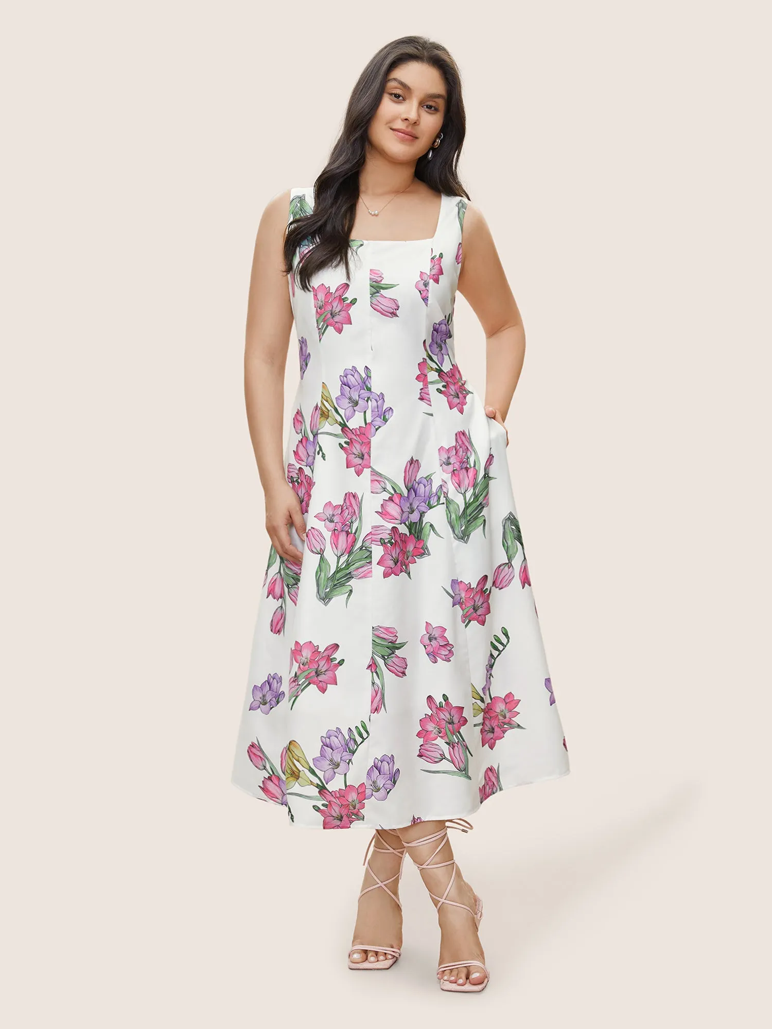 Floral Print Patchwork Pocket Spaghetti Strap Dress sold by Bloomchic