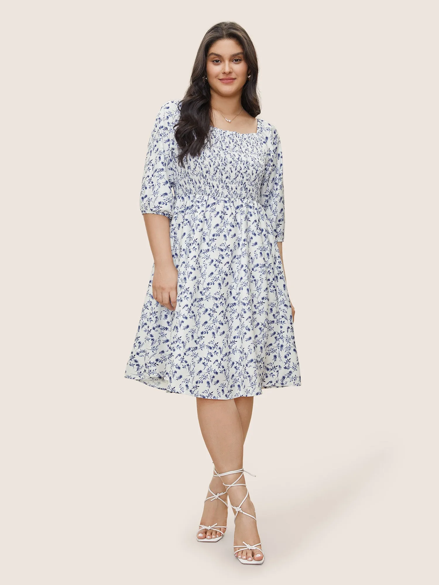 Ditsy Floral Square Neck Shirred Lantern Sleeve Dress sold by Bloomchic product image thumbnail 2