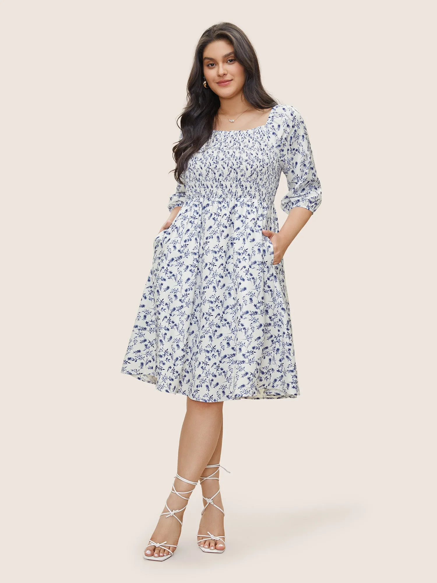 Ditsy Floral Square Neck Shirred Lantern Sleeve Dress sold by Bloomchic