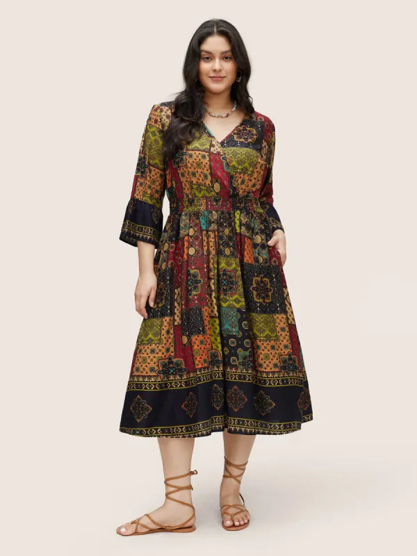 Moroccan Print Shirred Elastic Waist Wrap Dress sold by Bloomchic