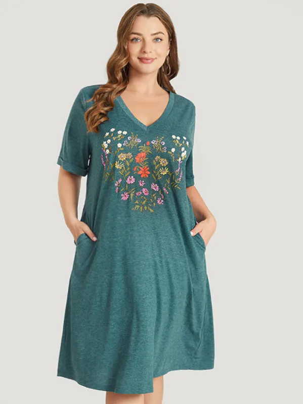 Floral Print Roll Sleeve Pocket V Neck Dress sold by Bloomchic