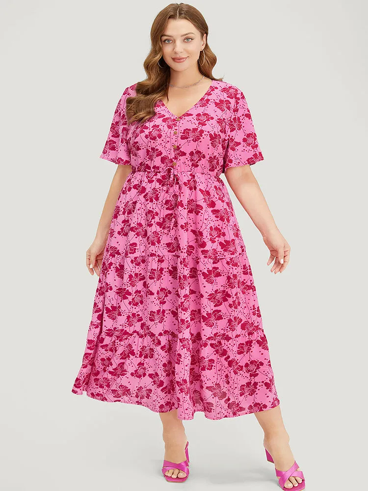 Floral Button Detail Pocket Knotted Ruffle Hem Dress sold by Bloomchic
