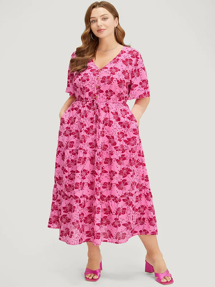 Floral Button Detail Pocket Knotted Ruffle Hem Dress sold by Bloomchic product image thumbnail 4